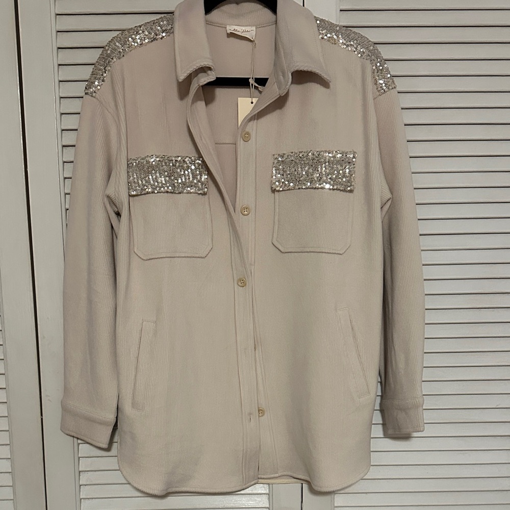 Elegant Beige Sequin Utility Shacket